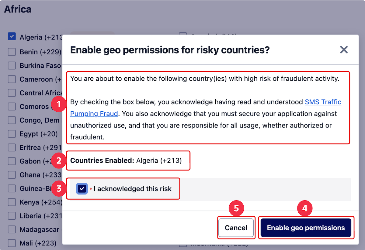 SMS Geo Permissions High Risk Confirmation.