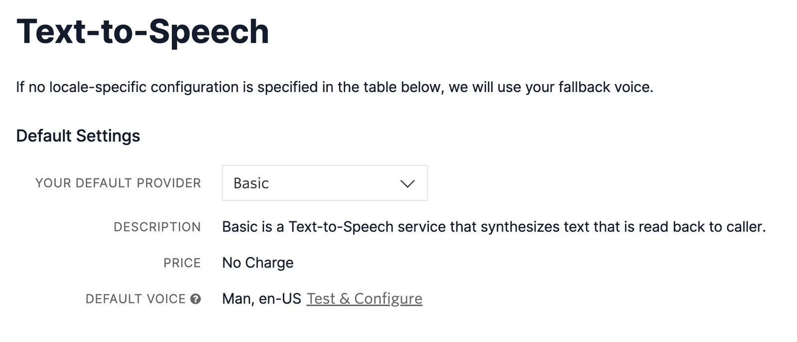 The Text To Speech Settings Console page shows the Default Provider set to 'Basic'.