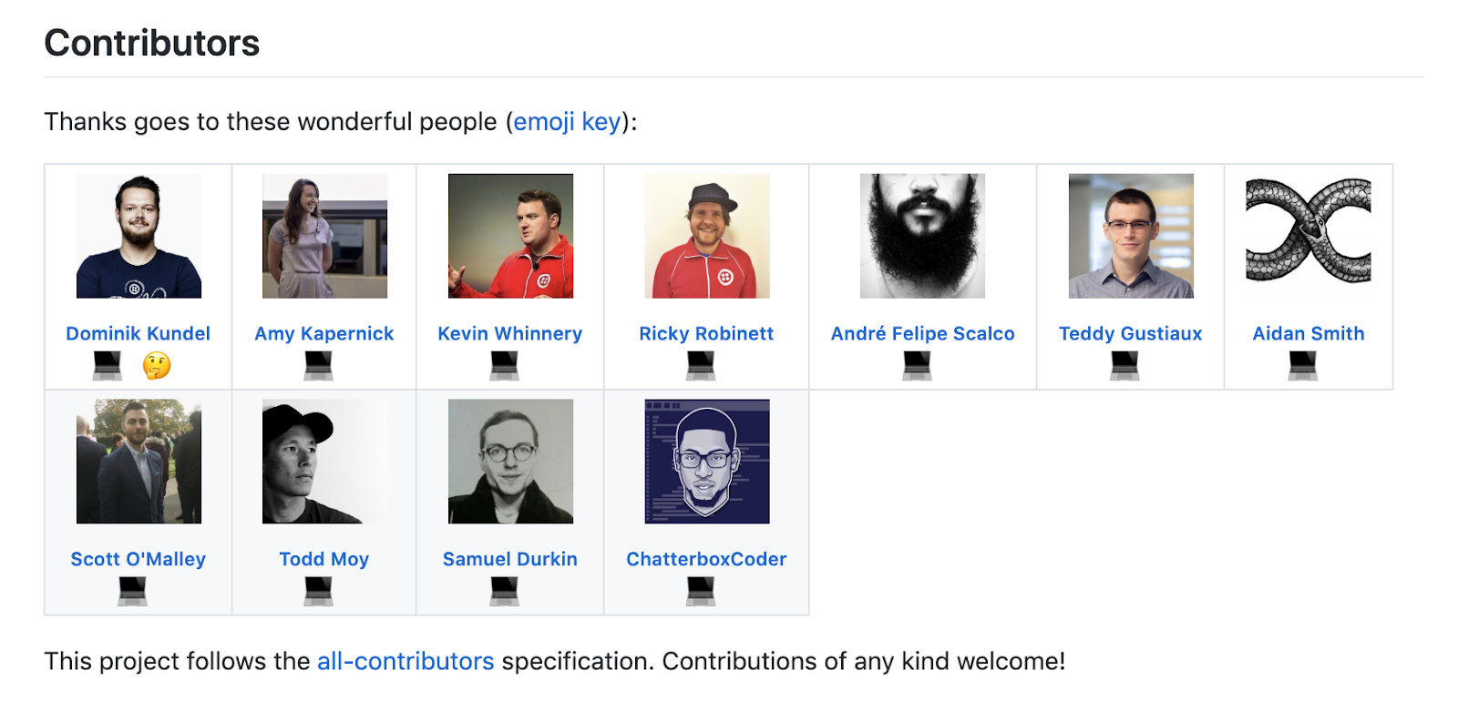 Screenshot of an All Contributors attribution for the Open Pixel Art project. It includes 11 contributors who contributed code, and one who contributed feedback.
