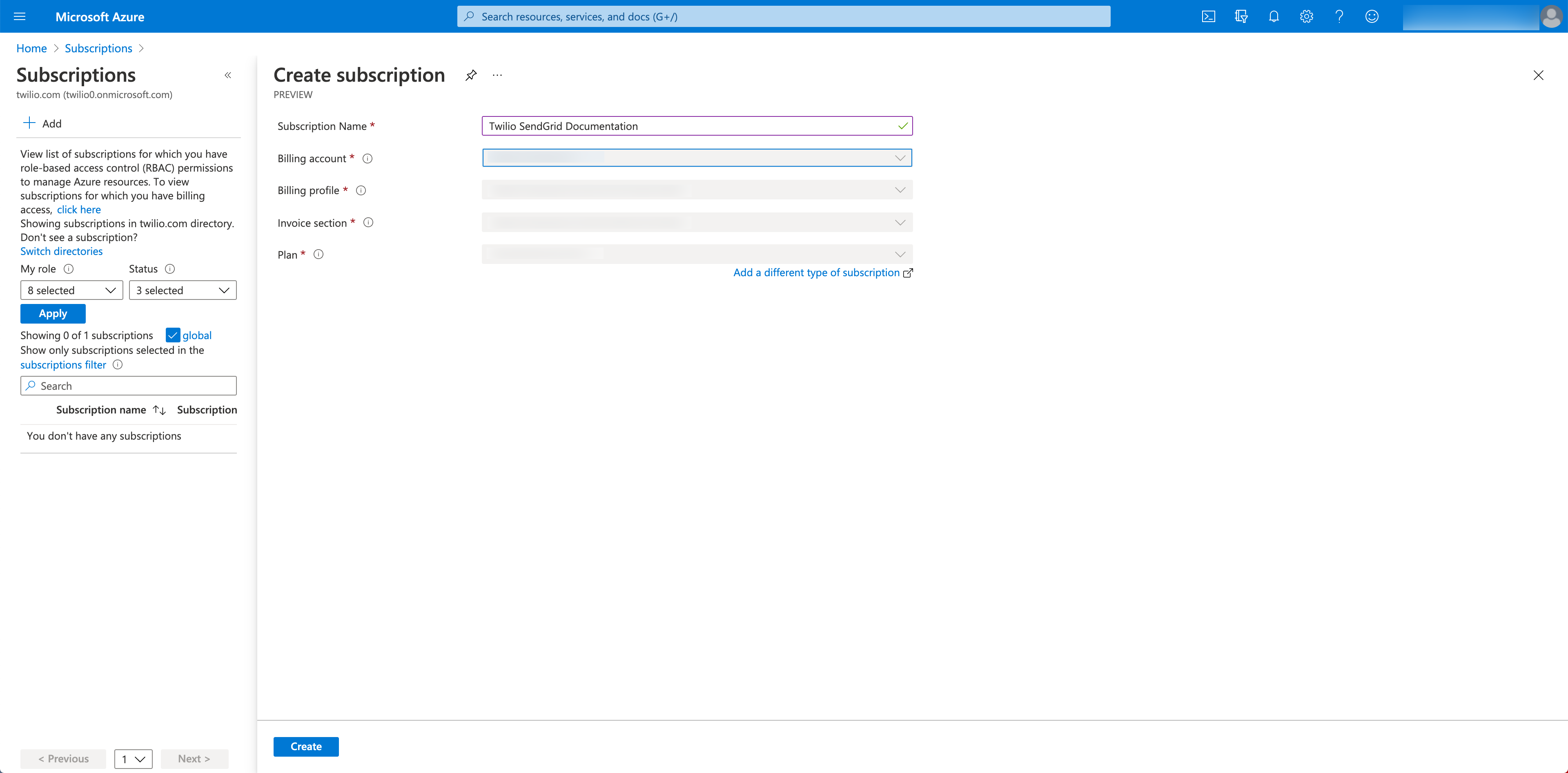 Azure Subscriptions form with the Subscription Name populated.