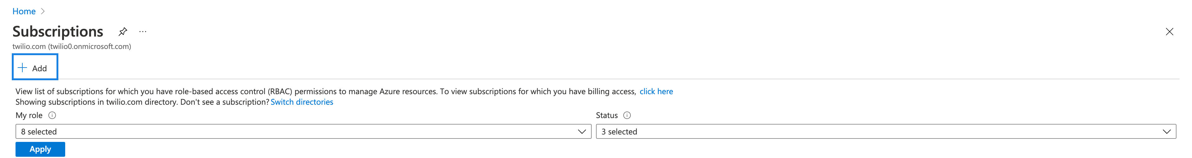 Azure Subscriptions with the +Add link highlighted.