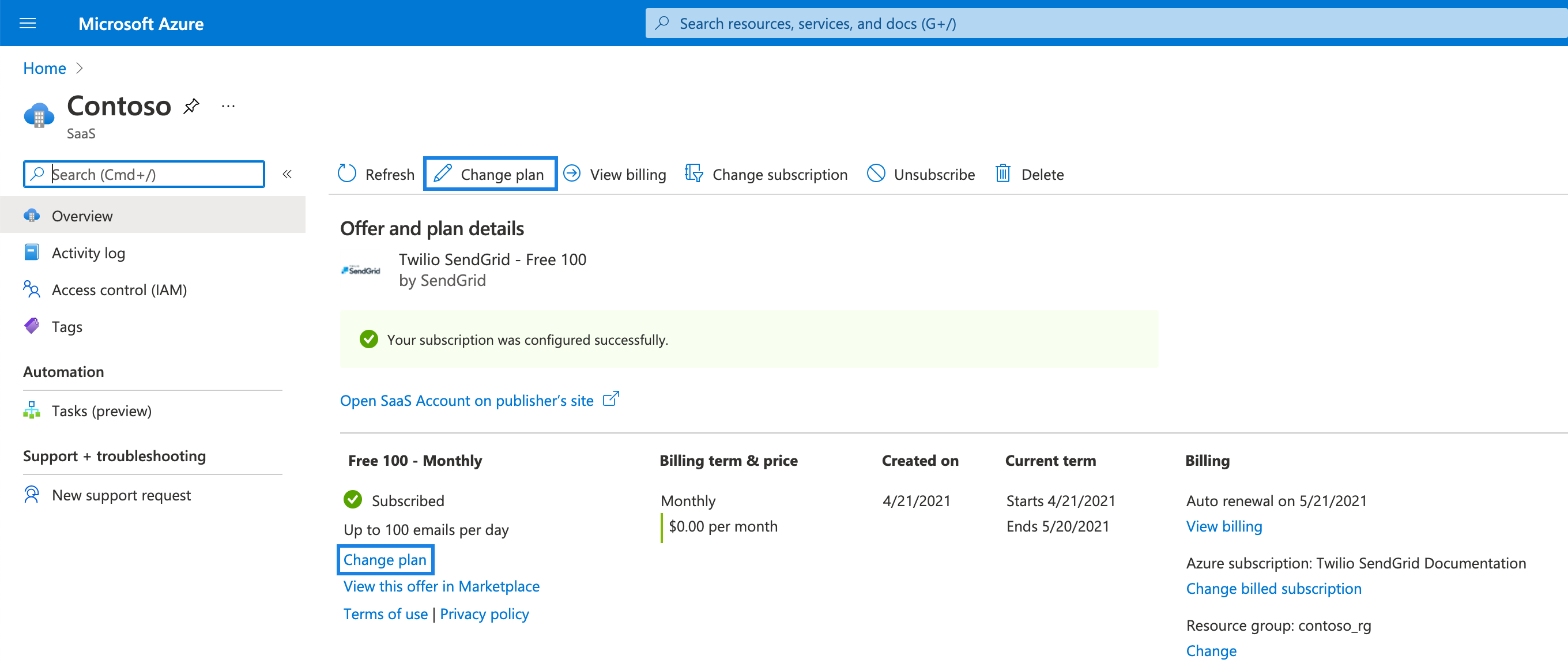 The Twilio SendGrid Azure resource with the 'Change Plan' link highlighted.