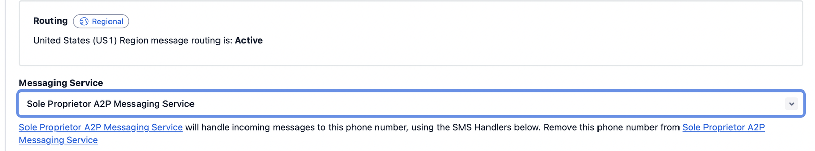 Messaging Service Selector for Twilio number.