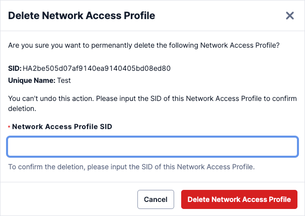delete network access profile form in console.