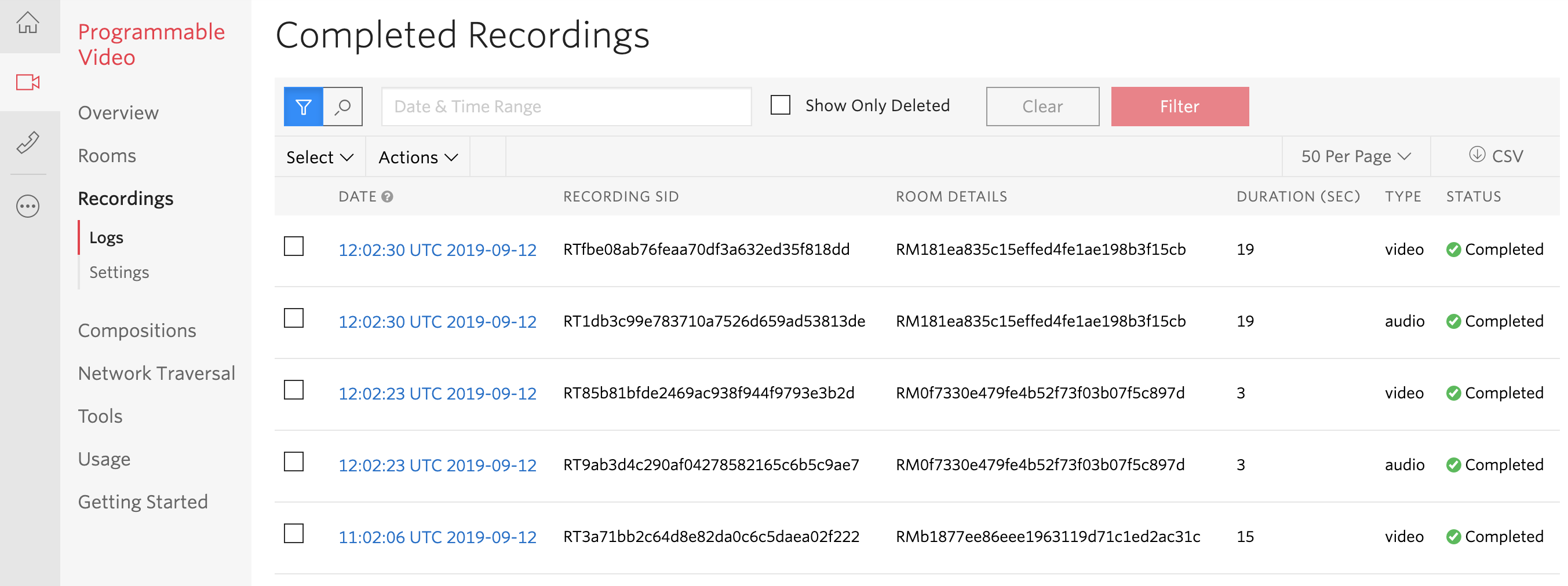 Video Recordings Logs Console page.