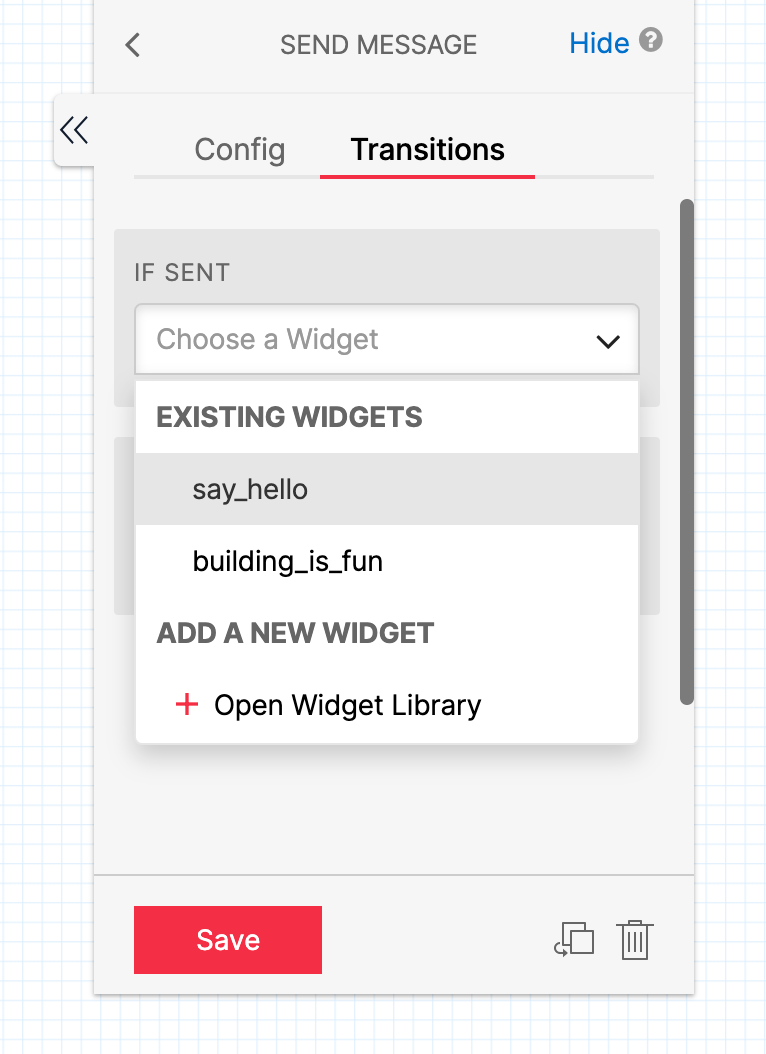 Select Widget to transition to from Inspector Panel in Studio.