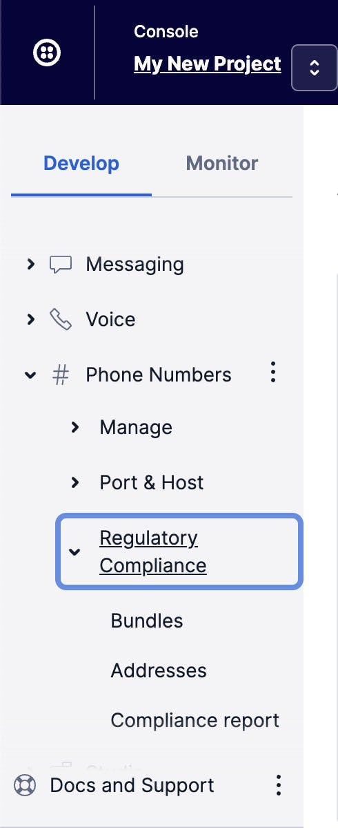 Console Navigation to Phone Number Regulatory Compliance.