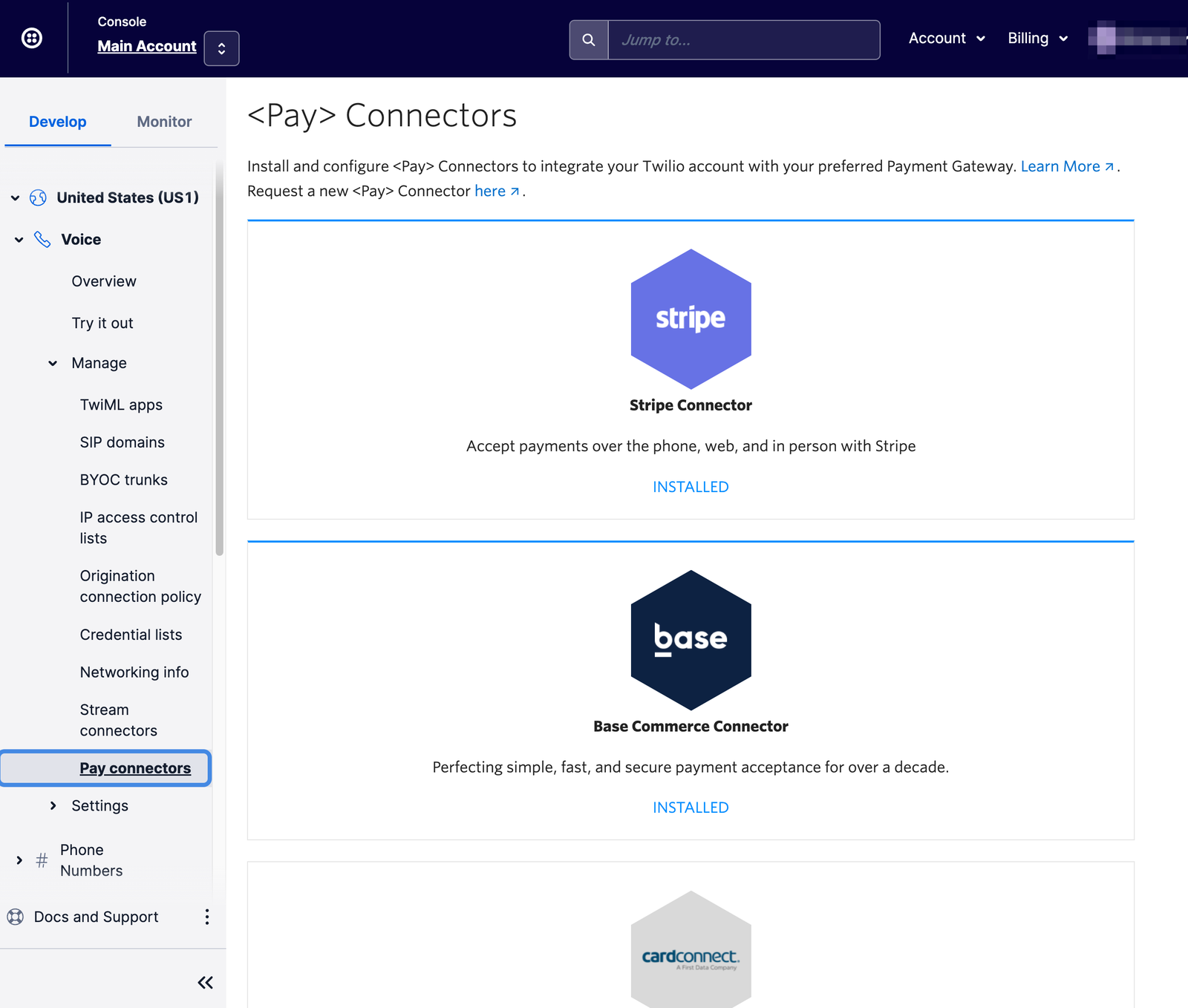 Pay Connectors Console page listing available Pay Connectors.