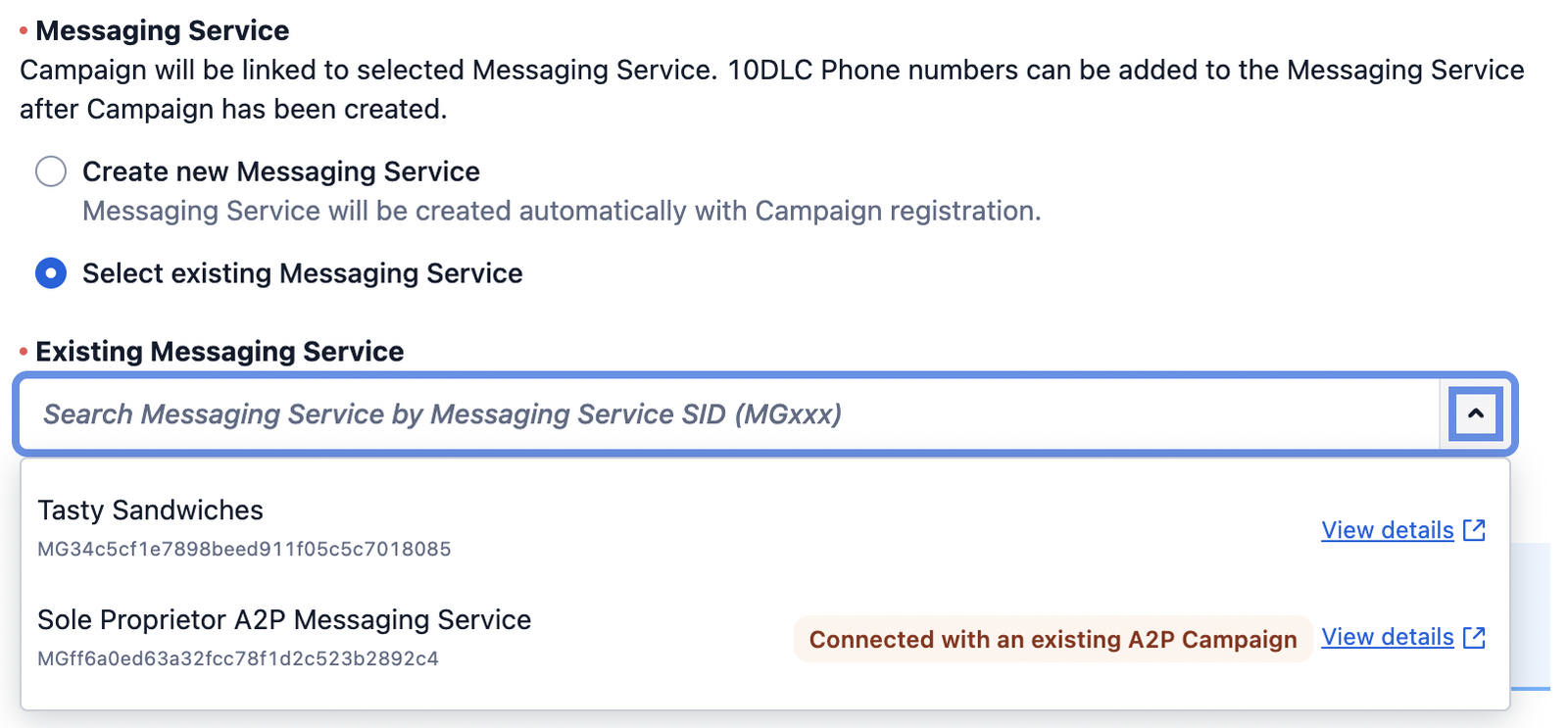 Select existing messaging service.