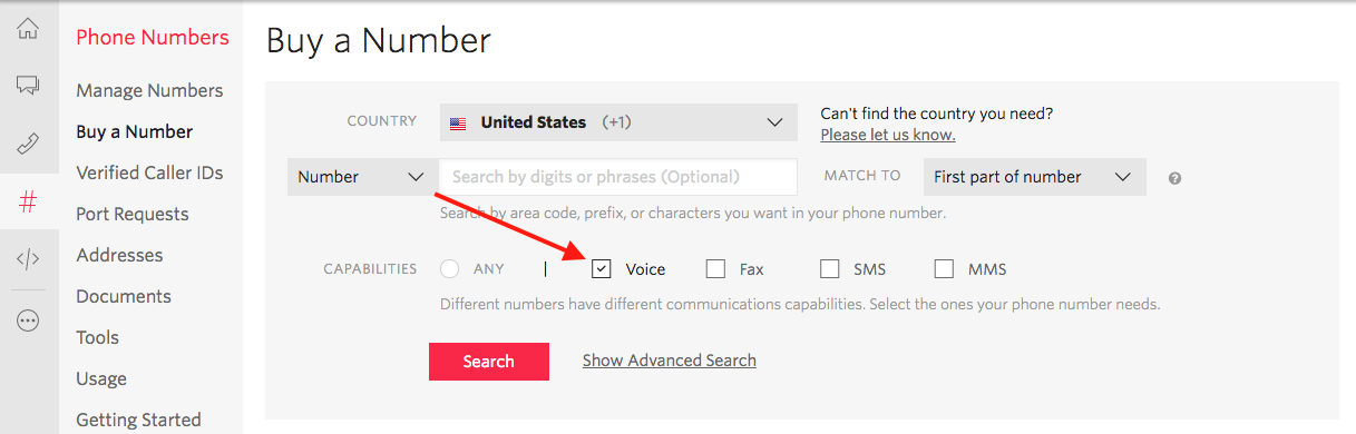 Search for a voice-enabled phone number.
