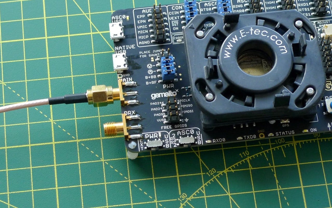 Connect the antenna cable to the topmost of the two SMA connectors on the left of the board.