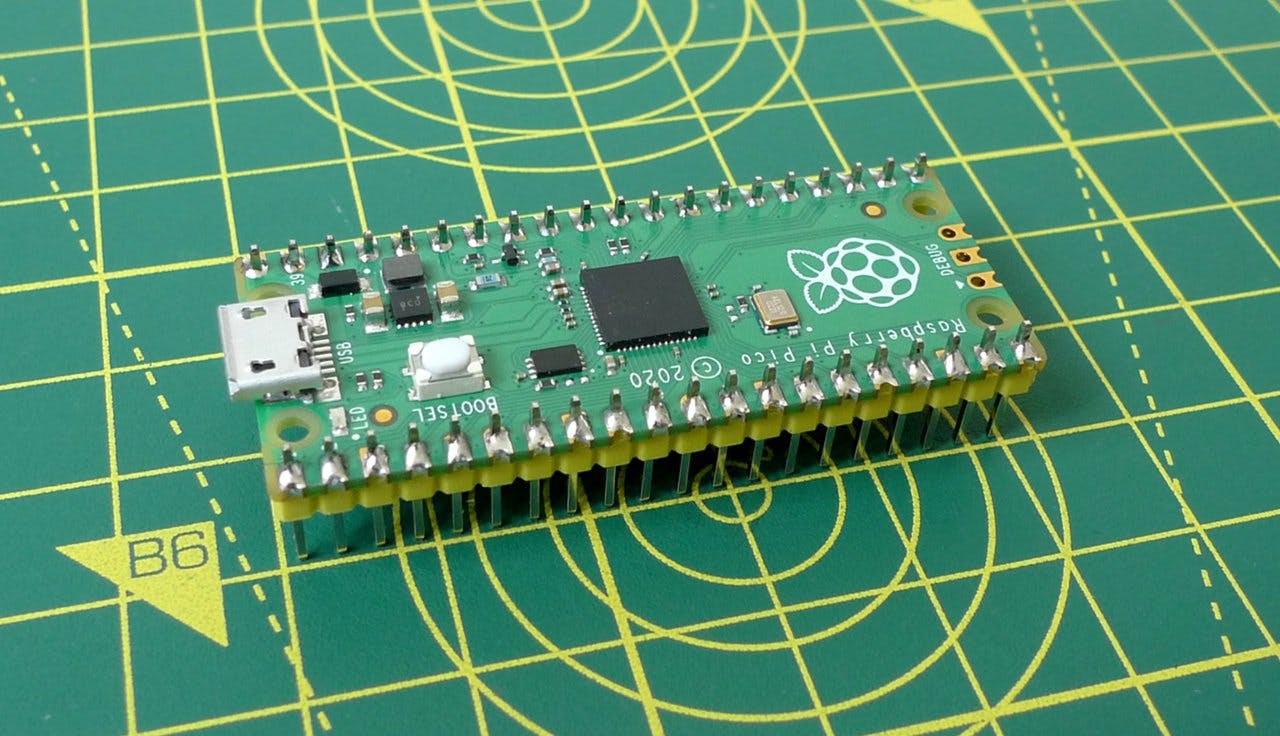 The Raspberry Pi Pico with male headers added.