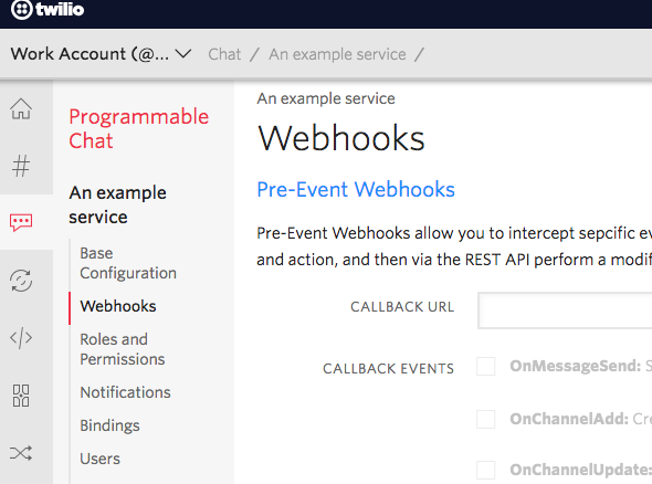 The Webhooks configuration page is accessible from the left nav bar when configuring a Chat service.