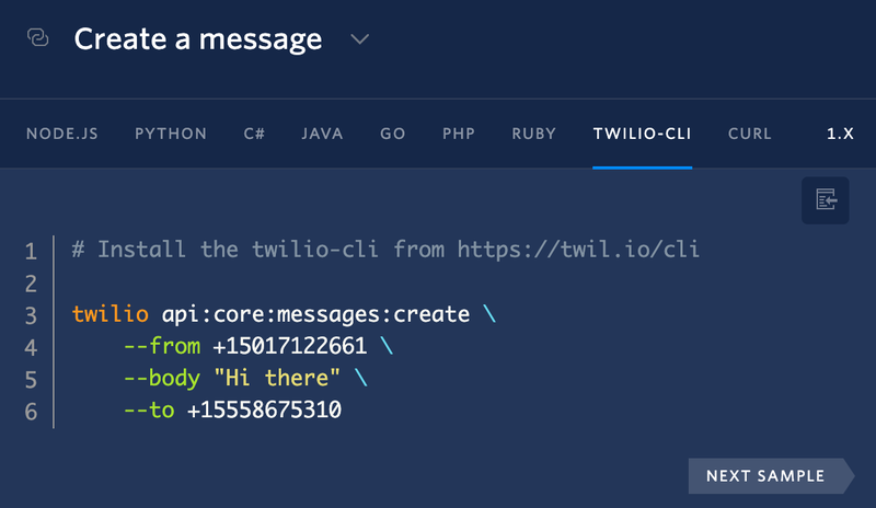 How to select twilio-cli in any example to get more command references.