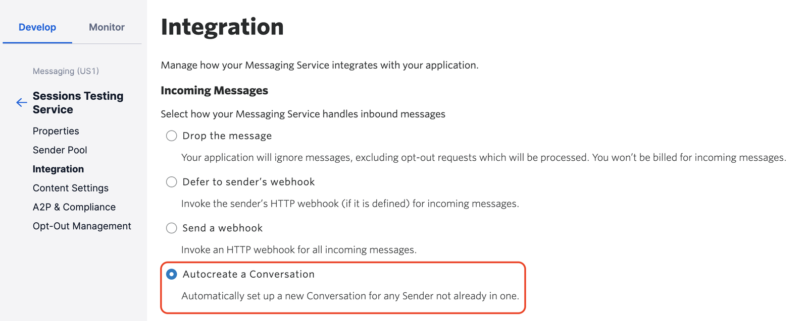 'Autocreate new Conversation' option selected under 'Integration' of Messaging Service.