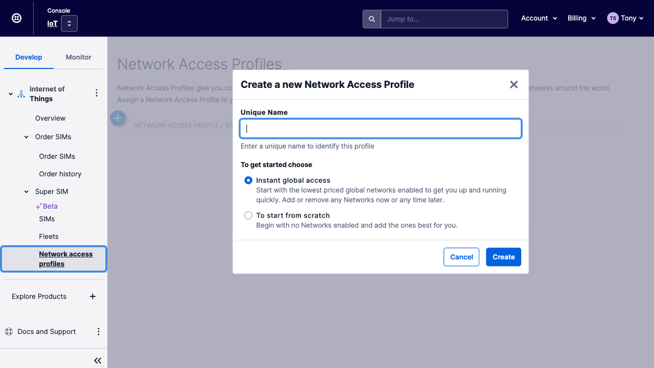 Create a new Network Access Profile.