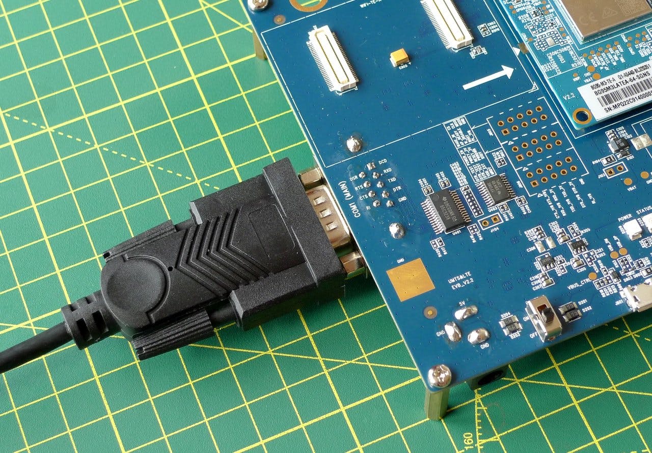 Clip the chunk RS232 cable to the EVB. The other end fits into a USB port on your computer.
