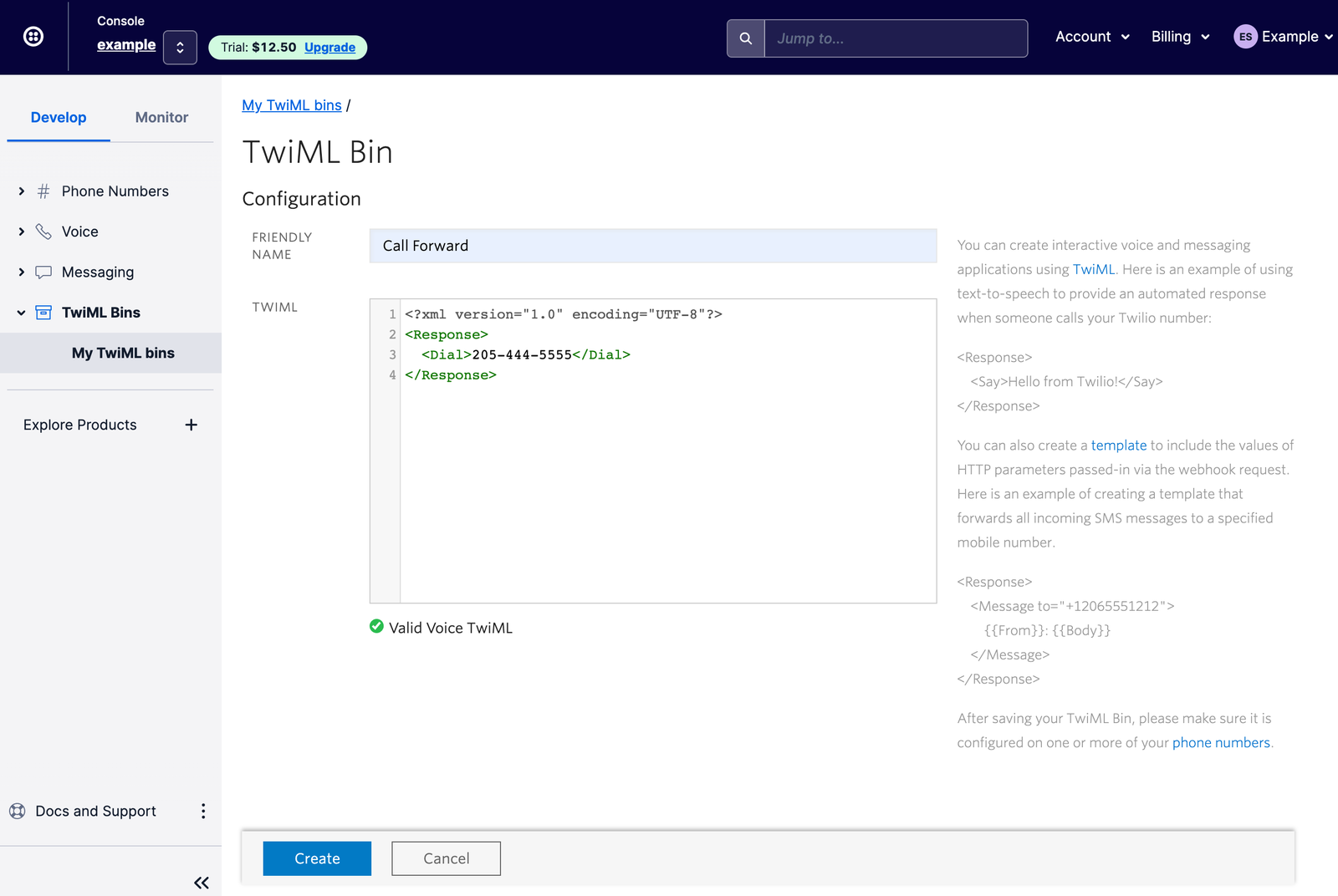 Example of creating a TwiML Bin and configuring its response and content.