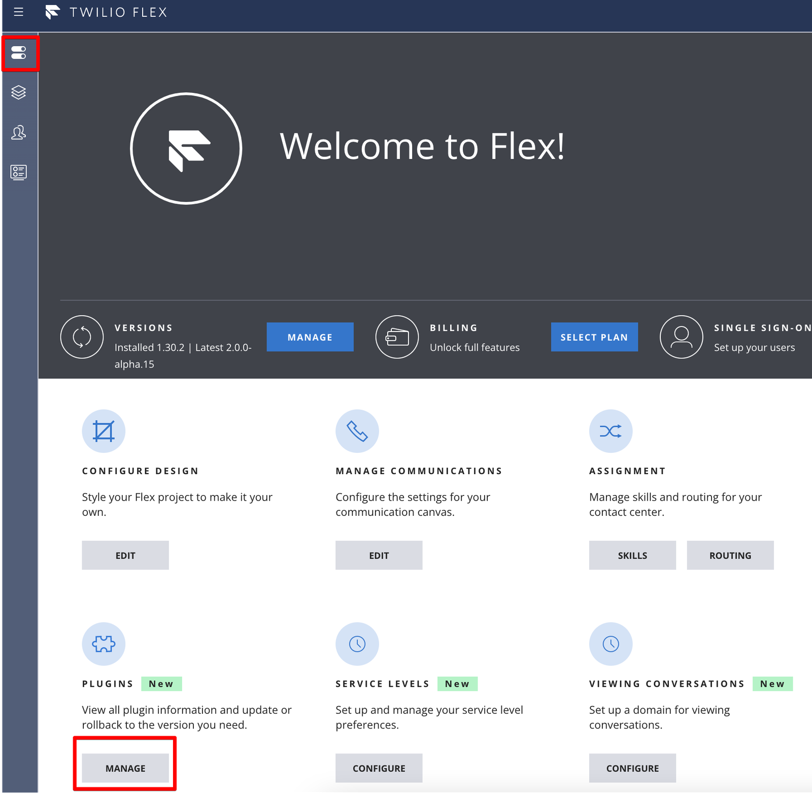 flex admin view manage plugins.