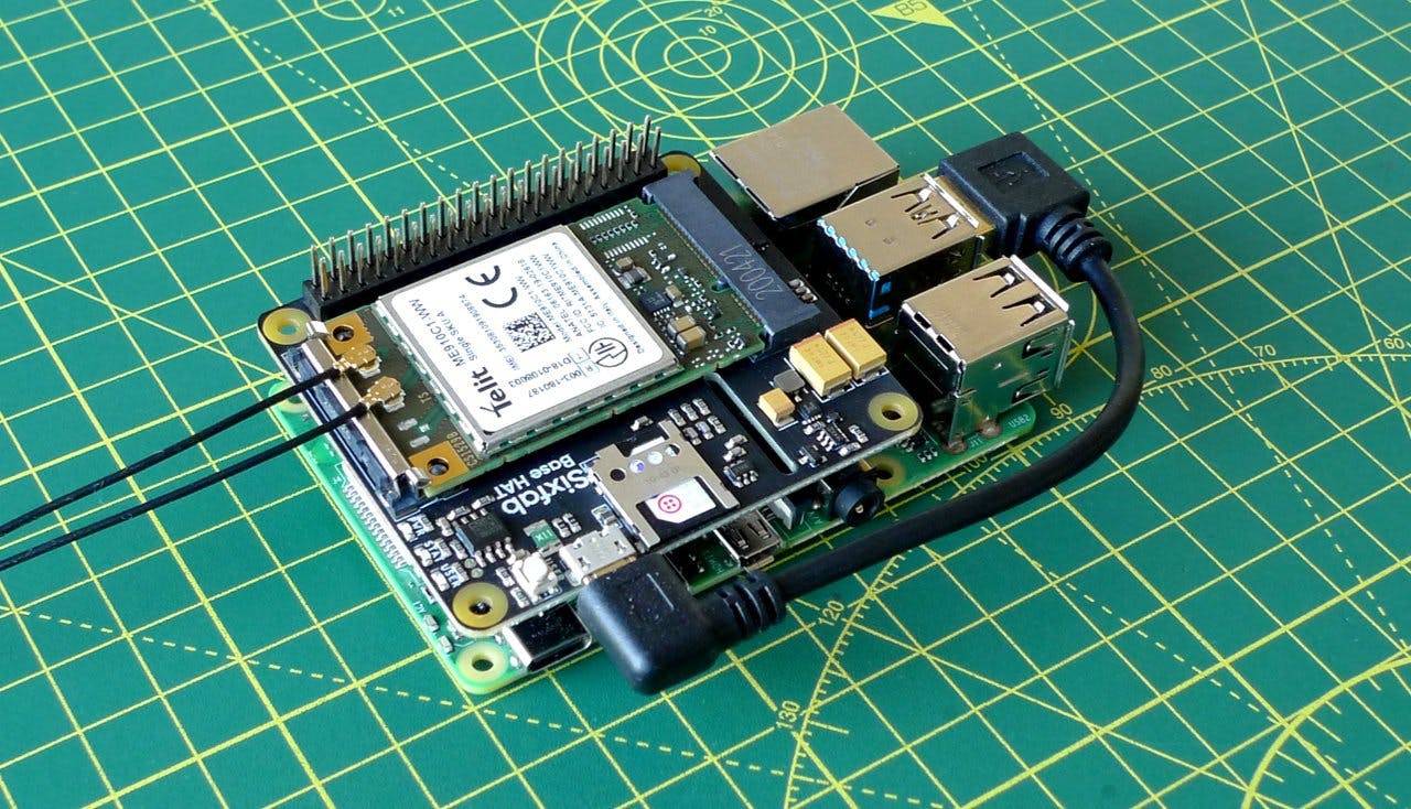 A Rasperberry Pi, Sixfab Base Hat and Tellit ME910C1-WW cellular module.