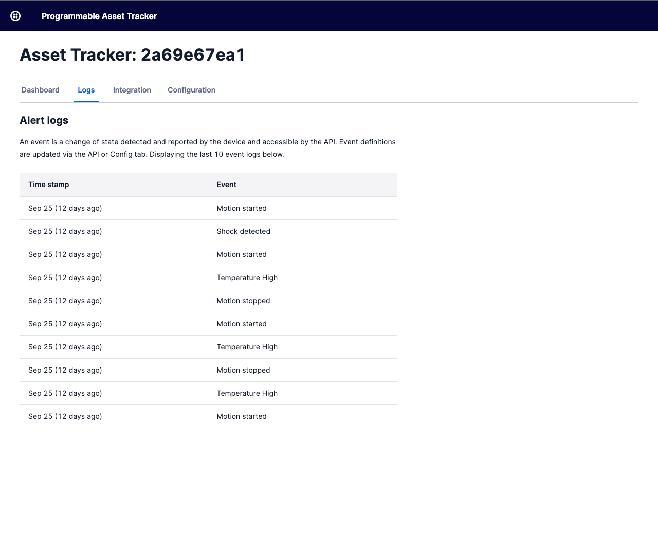 The Twilio Programmable Asset Tracker UI's logs view.