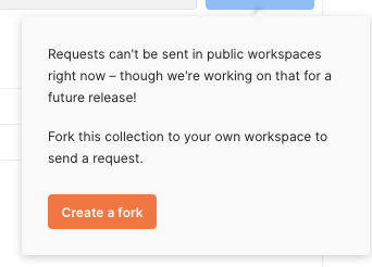 Shows 'Create a fork' pop-up dialog in Postman.