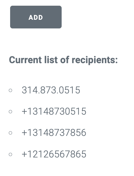 list of recipient numbers for web-based sms messaging app.