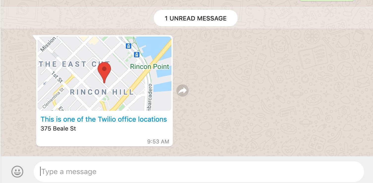 WhatsApp message containing location information, it shows a map for 375 Beale St in San Francisco.
