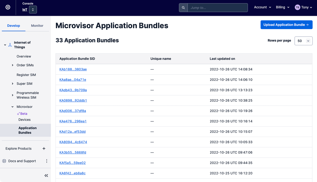 Your Microvisor apps list in the Twilio Console.