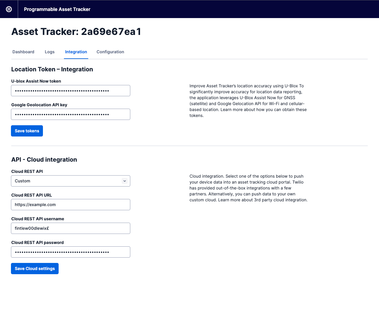 The Twilio Programmable Asset Tracker UI's integrations view.