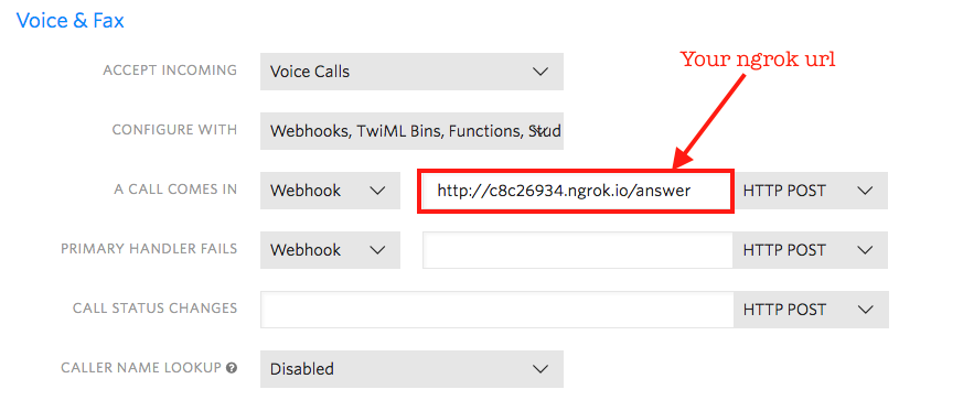 Configure your Voice webhook with your ngrok URL.