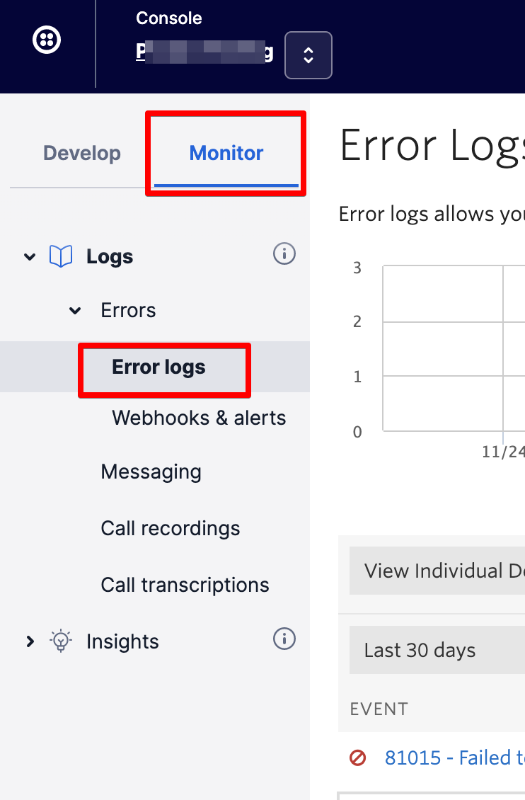 When this tab is selected, you can click on 'Logs' to expand log options, expand Errors to find Error Logs.