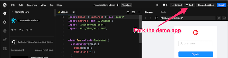 Conversations Demo App on CodeSandbox.io with arrow pointing to 'Fork' button.