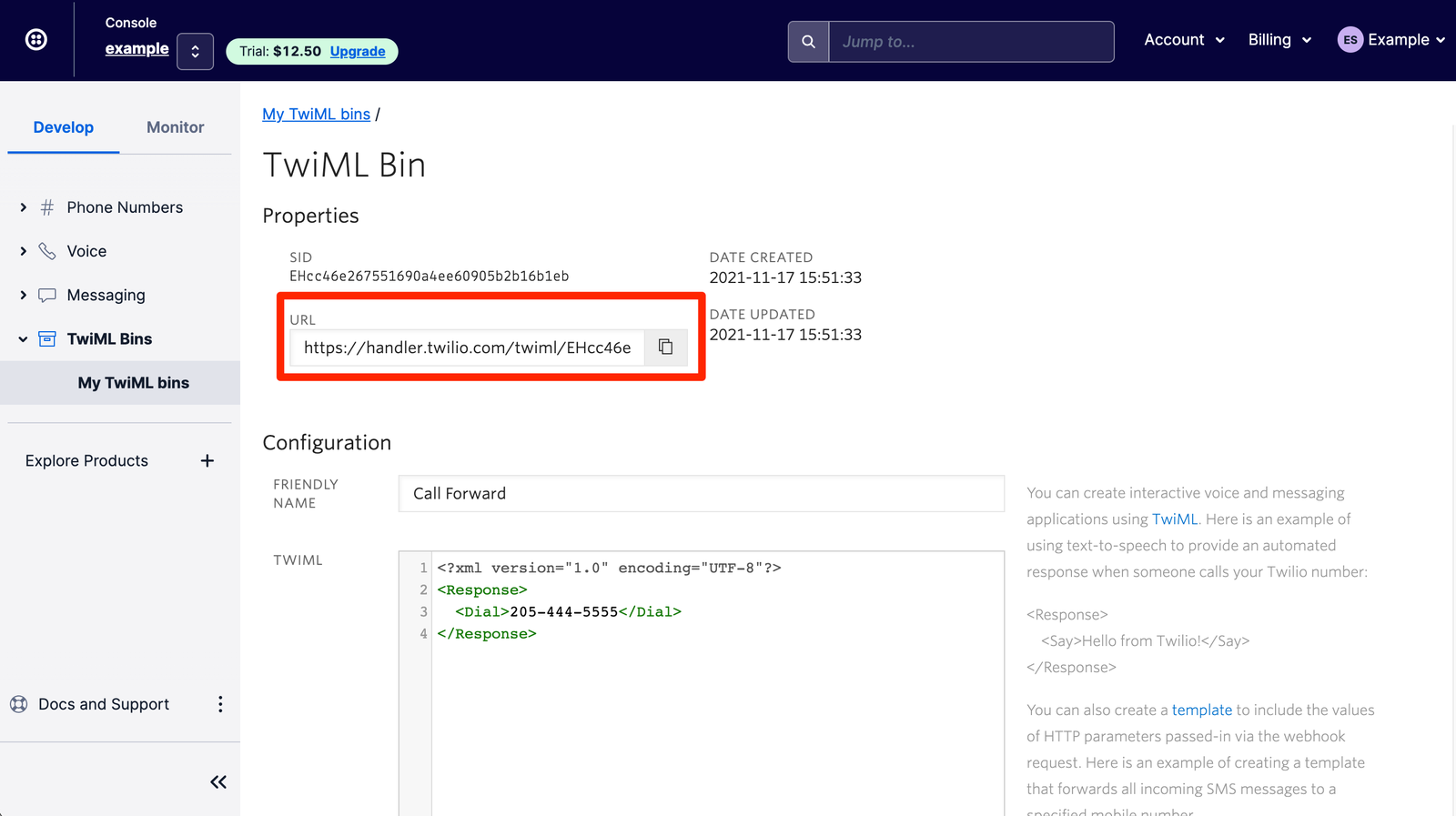 Where to copy the URL of your TwiML Bin.