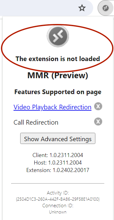 MMR extension pane with the message The extension is not loaded
