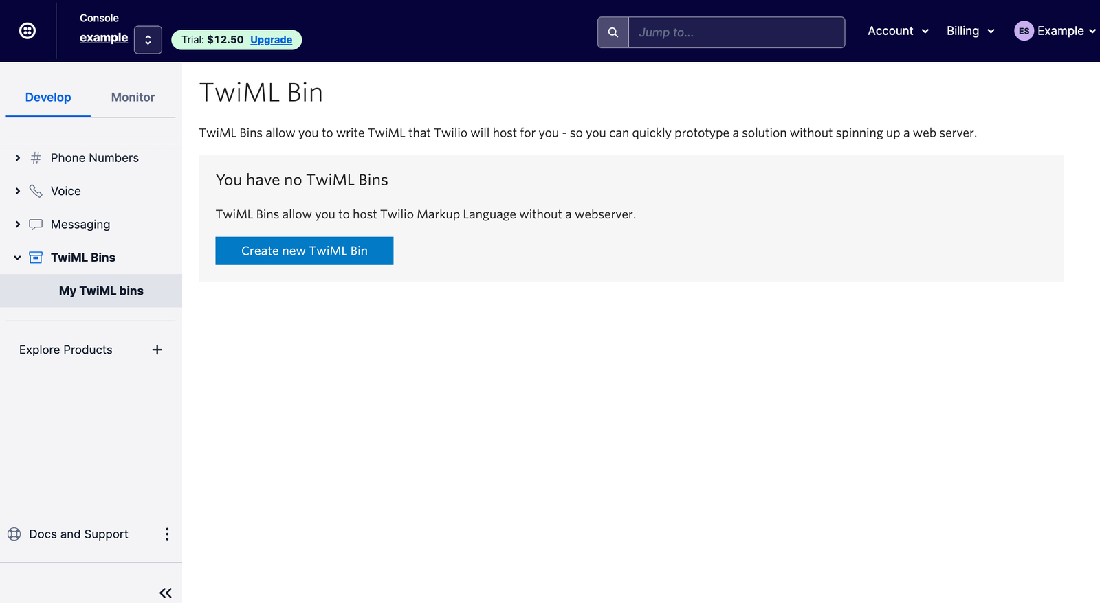 Create a TwiML Bin page in the Twilio Console.
