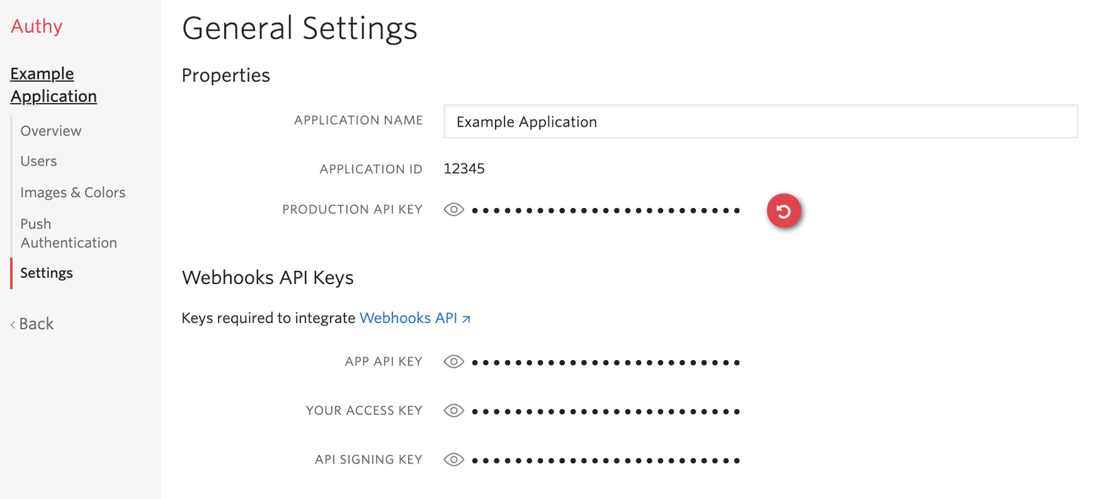 authy settings webhooks api keys.