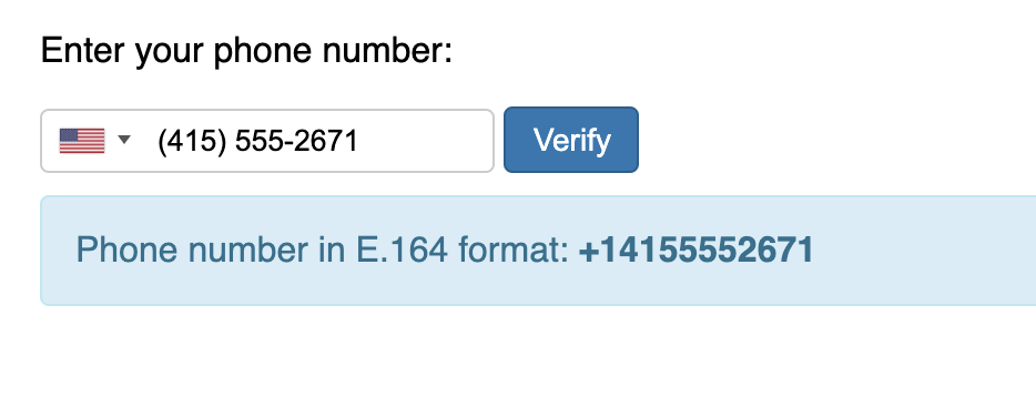 phone number input translated to e.164 format.
