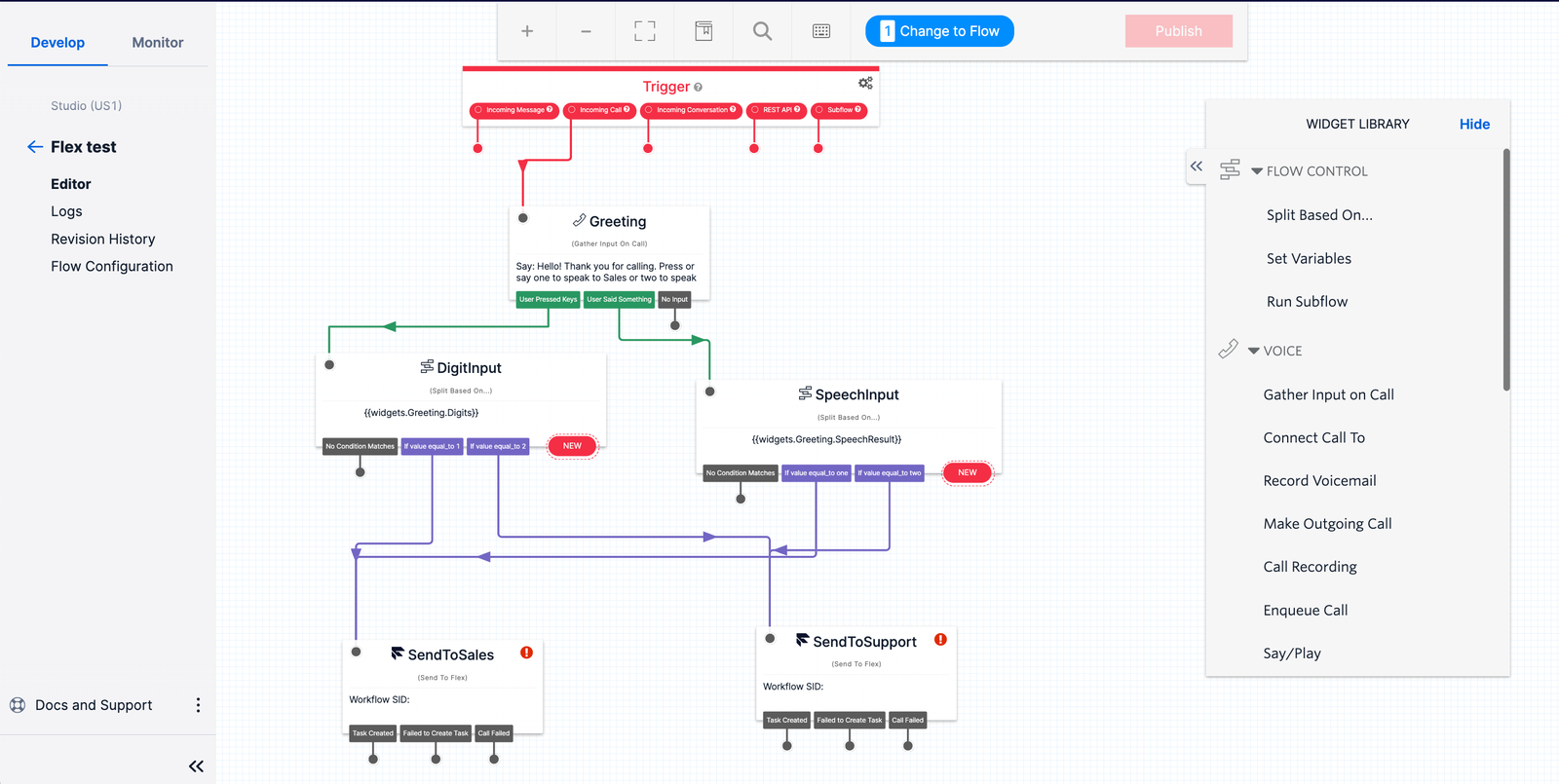 View of the Studio IVR Flow that you create after pasting in the JSON configuration.