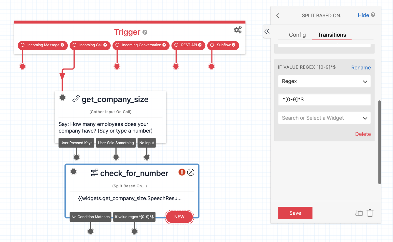 Twilio Studio Tutorial Route Leads Split Based On... Widget checking the SpeechResult Liquid variable from the get_company_size Widget.
