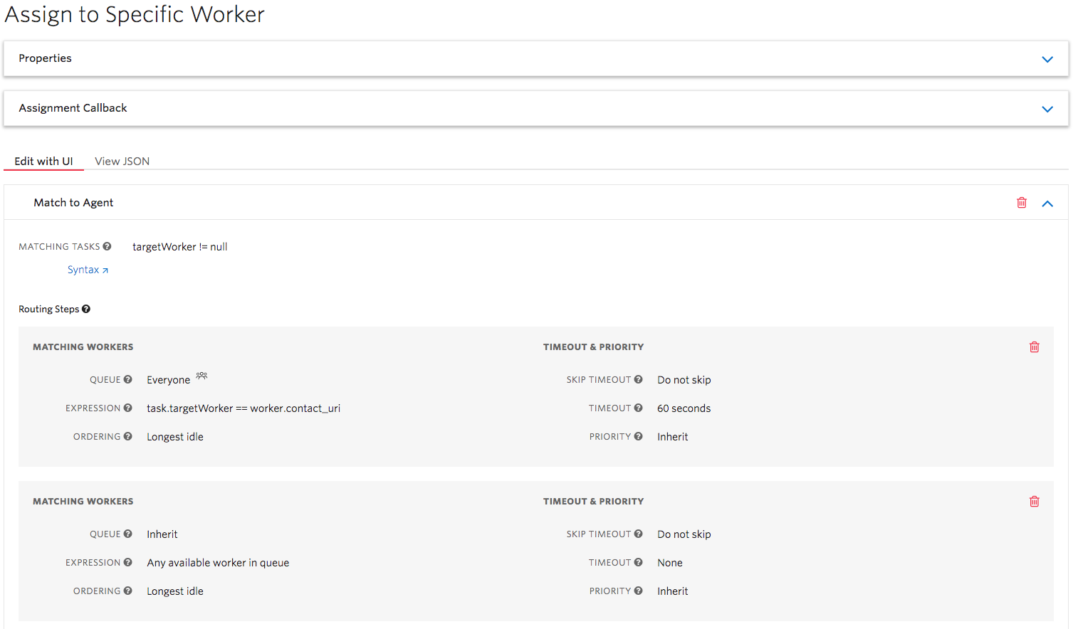 A view of a TaskRouter workflow in the Twilio console.
