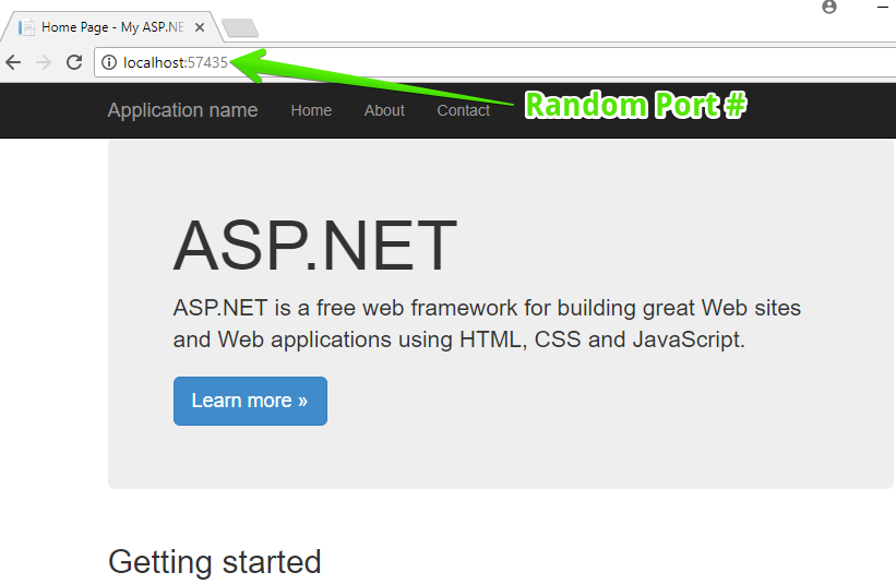 Visual Studio New ASP.NET Web Application - Home page.