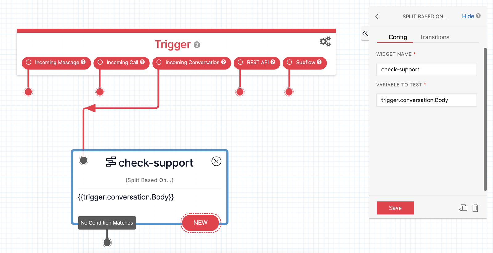 Twilio Studio Tutorial Using Conversations Split Based On Widget... on the Canvas checking the Liquid variable for the support keyword.