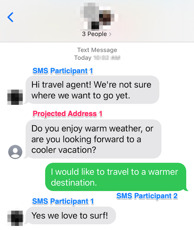 Conversation between 1 Chat-based Participant with projected address and two SMS Participants joining with their mobile number.