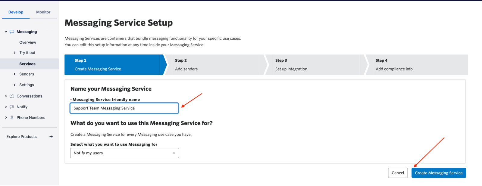 Create Messaging Service 2.