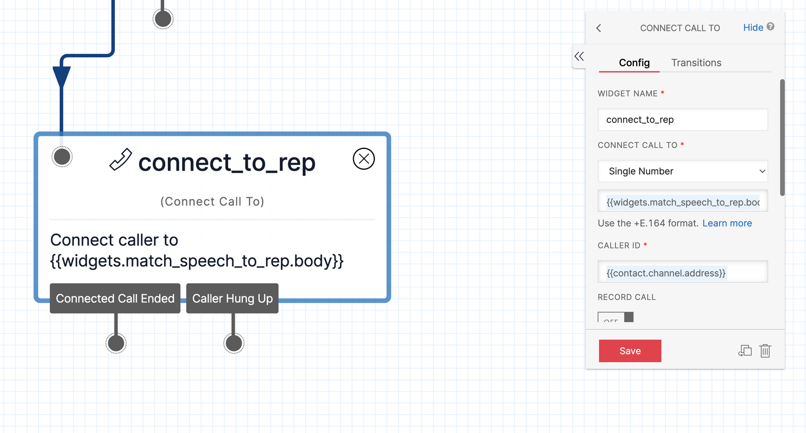 Twilio Studio Tutorial Route Leads Connect Call Widget with configuration panel on the right.