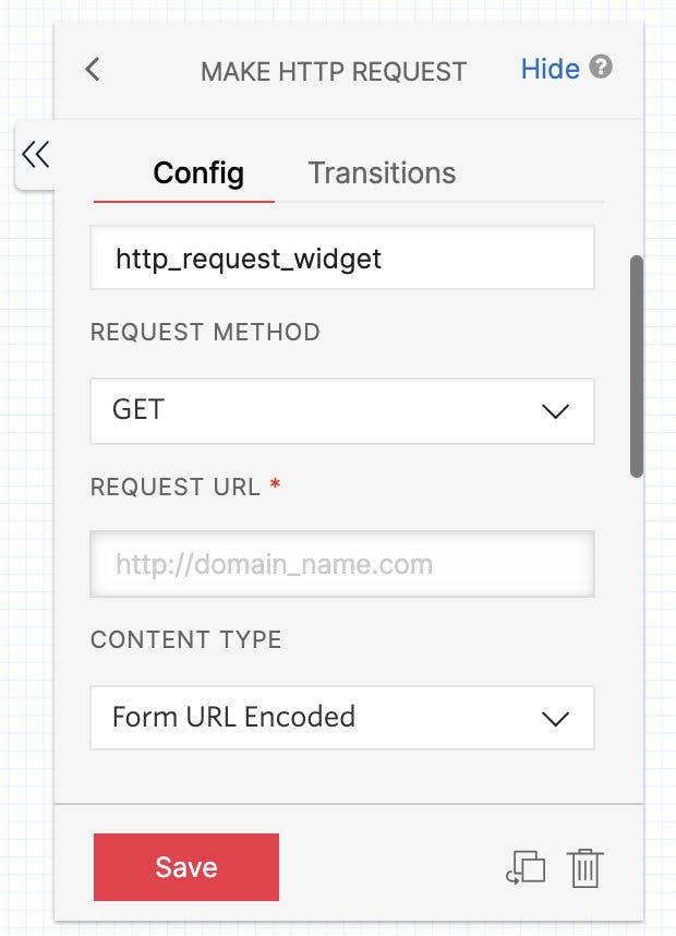 Required configuration for Make HTTP request widget. We see the named widget ('http_request_widget'), then a dropdown under Request Method with the default 'Get' selected. Under that, the form has a field for Request URL, followed by another dropdown for Content Type (with Form URL Encoded selected).