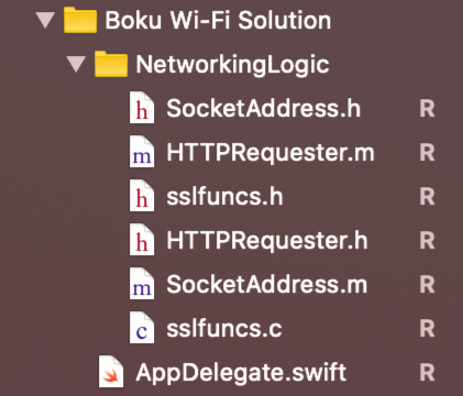 File structure that begins with a directory named Boku Wi-Fi Solution with a directory under it named NetworkingLogic.