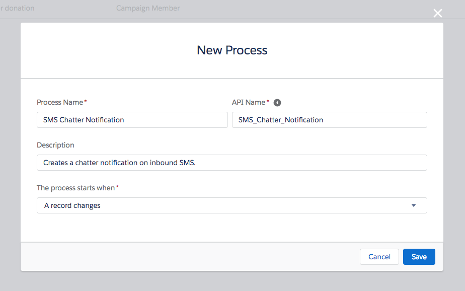 New Process for SMS Chatter notifications with Twilio for Salesforce.