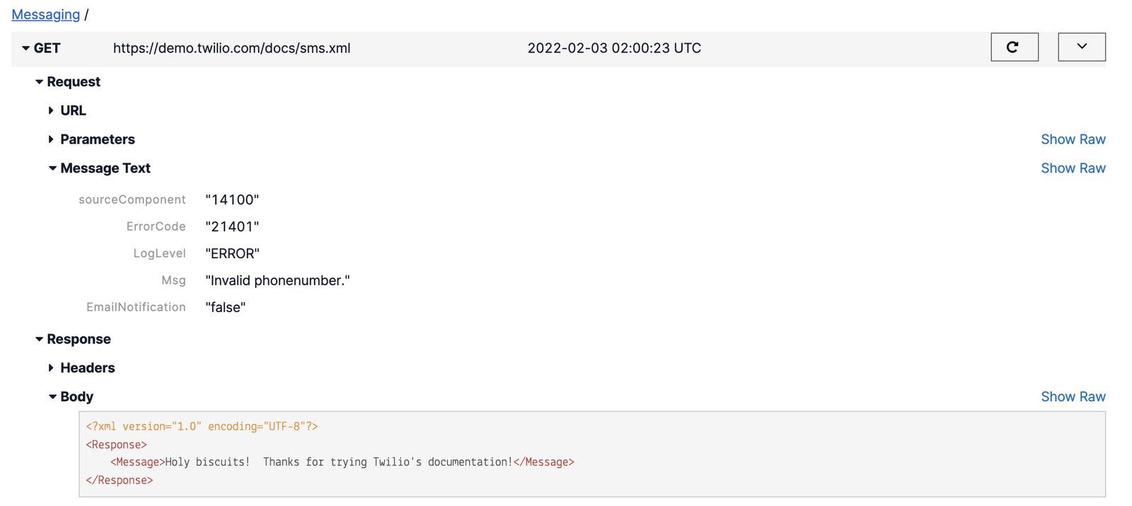 A detailed view of the messaging request inspector. We see the type of request (GET).